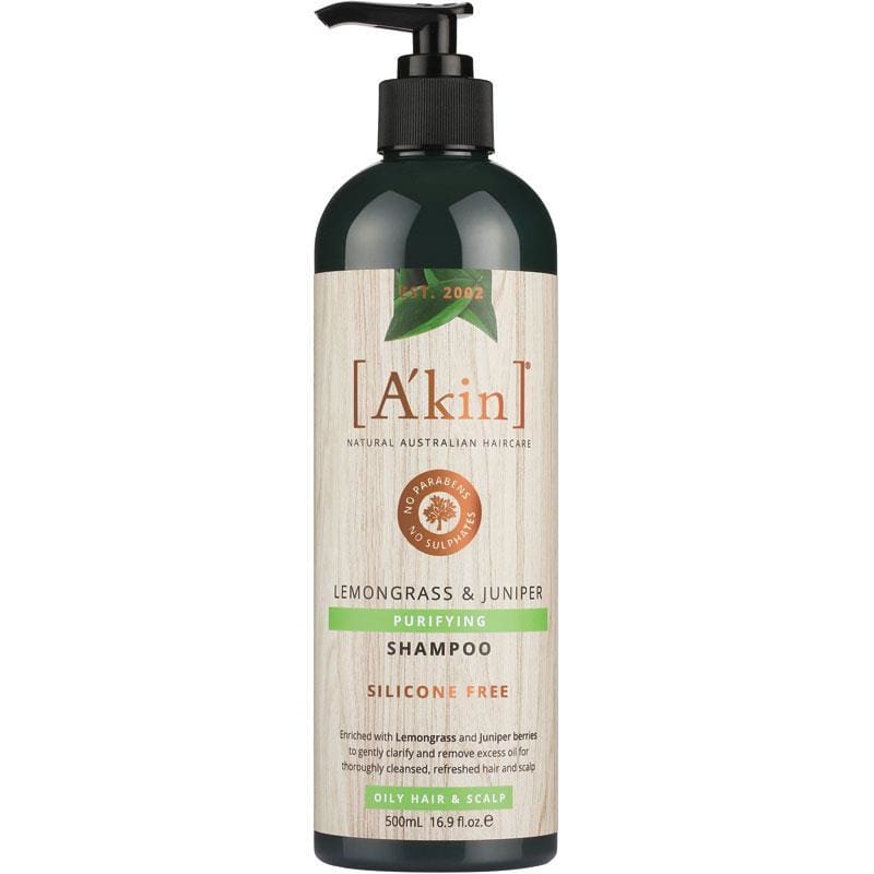 Akin Purifying Lemongrass & Juniper Shampoo 500ml front image on Livehealthy HK imported from Australia