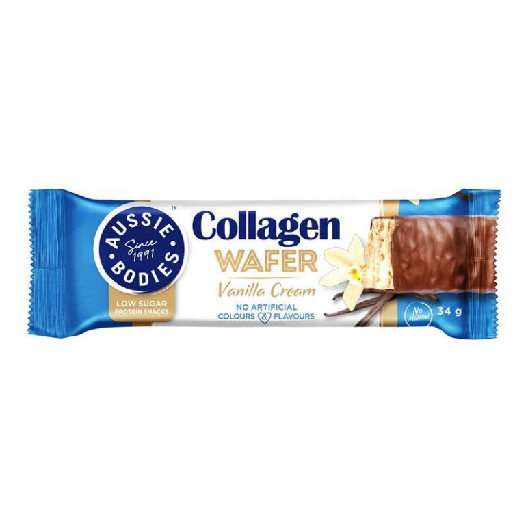 Aussie Bodies Collagen Wafer Protein Bar Vanilla Cream 34g front image on Livehealthy HK imported from Australia