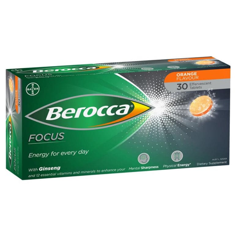 Berocca Focus Vitamin B & C Orange Flavour With Ginseng Energy Effervescent Tablets 30 Pack front image on Livehealthy HK imported from Australia