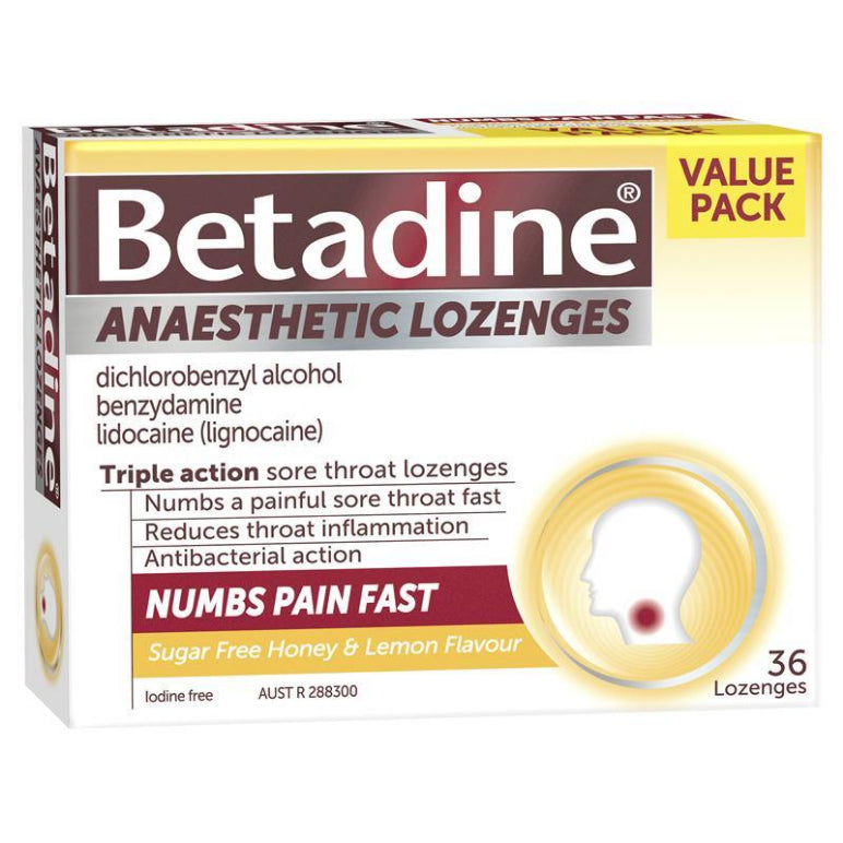 Betadine Sore Throat Lozenges Anaesthetic Honey & Lemon Flavour 36 Pack front image on Livehealthy HK imported from Australia