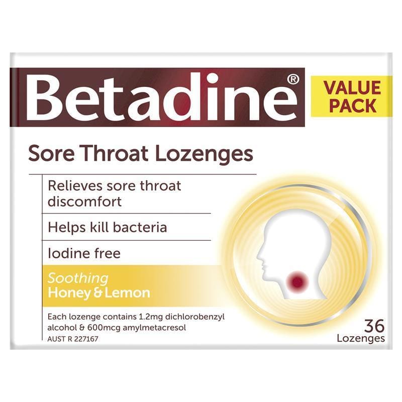 Betadine Sore Throat Lozenges Soothing Honey & Lemon Flavour 36 Pack front image on Livehealthy HK imported from Australia