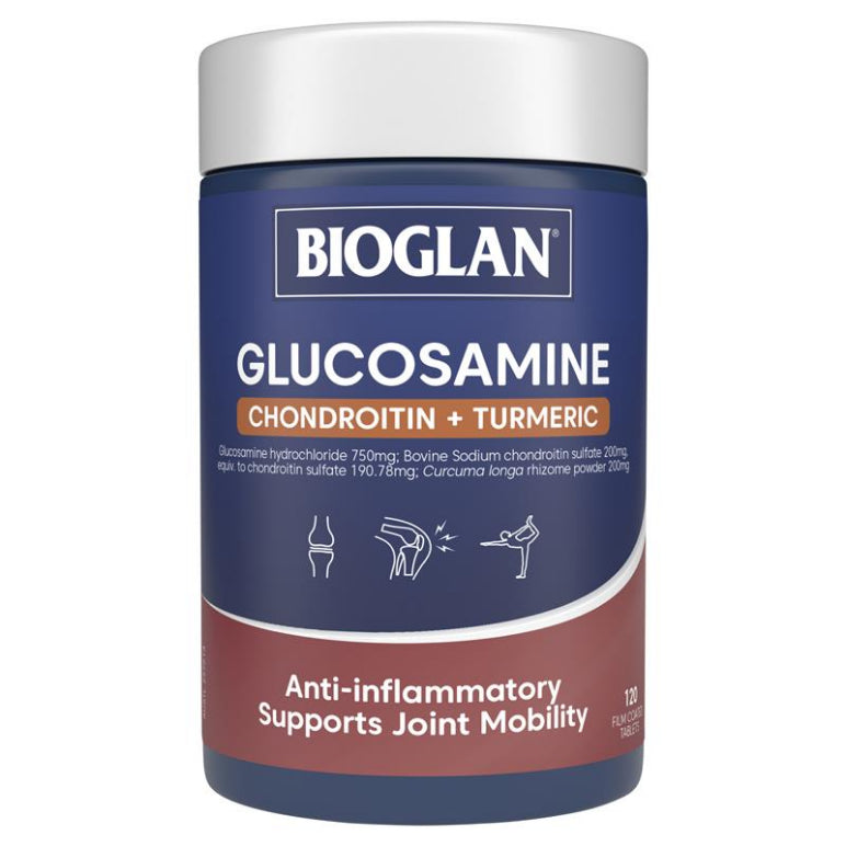 Bioglan Glucosamine + Chondroitin + Turmeric 120 Tablets front image on Livehealthy HK imported from Australia