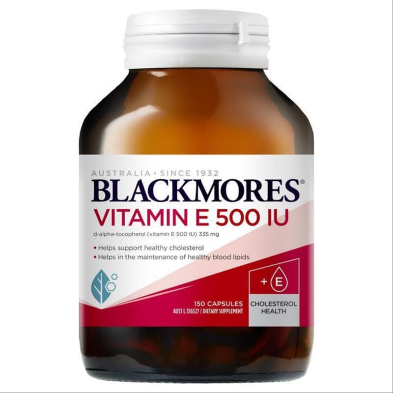 Blackmores Vitamin E 500IU Cholesterol Health 150 Capsules front image on Livehealthy HK imported from Australia