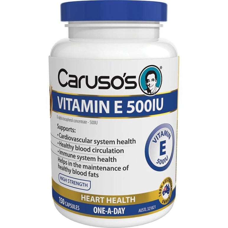 Carusos Vitamin E 500IU 150 Capsules front image on Livehealthy HK imported from Australia