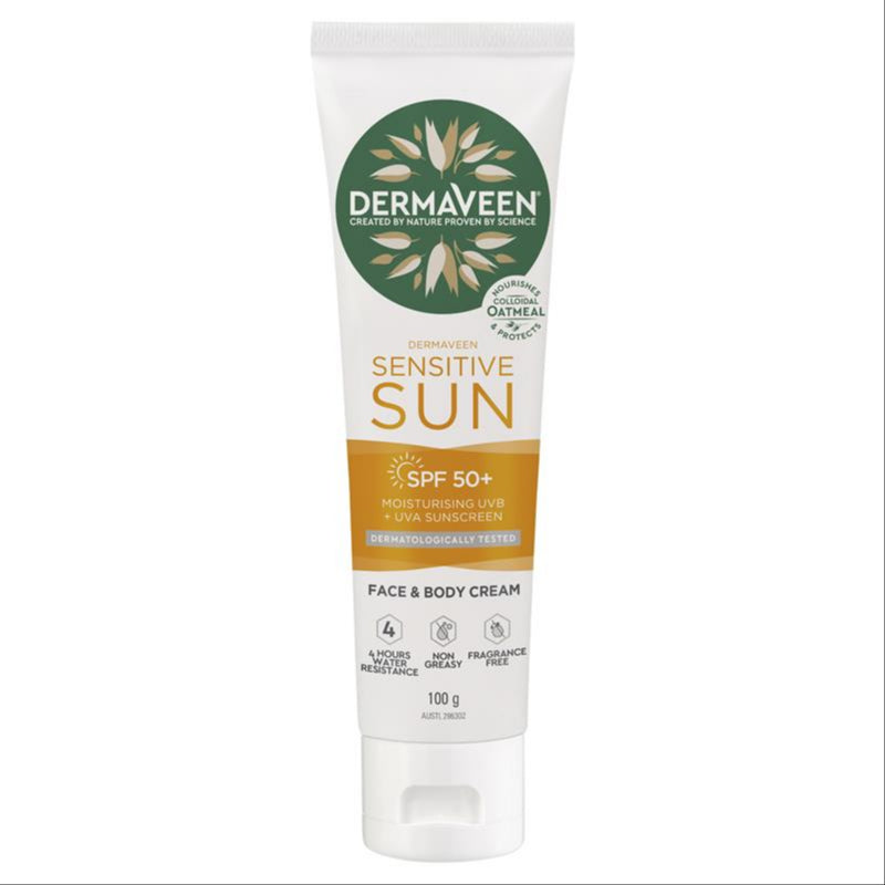 Dermaveen Sensitive Sun SPF 50+ Moisturising Face & Body Cream 100g front image on Livehealthy HK imported from Australia