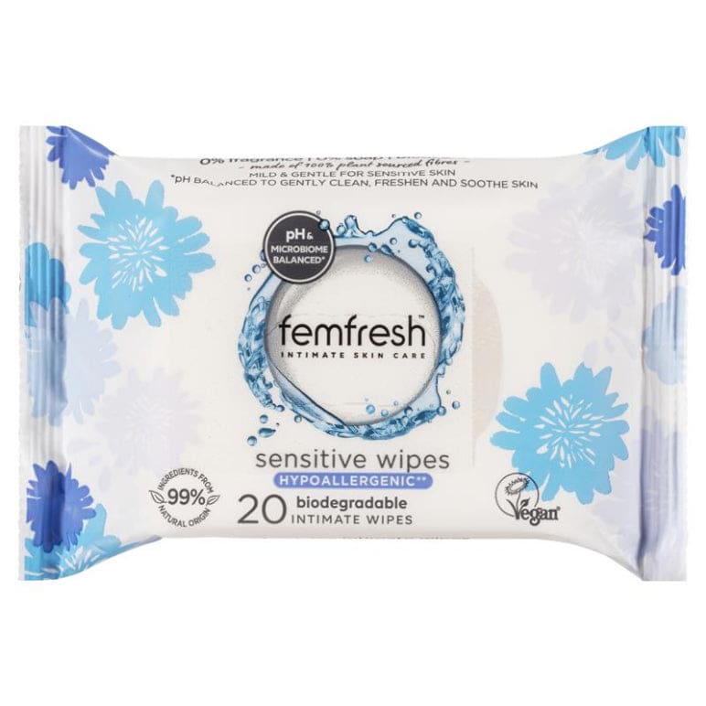 Femfresh Sensitive Wipes 20 Pack front image on Livehealthy HK imported from Australia