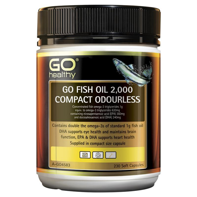 GO Healthy Fish Oil 2000 Compact Odourless 230 Softgel Capsules front image on Livehealthy HK imported from Australia
