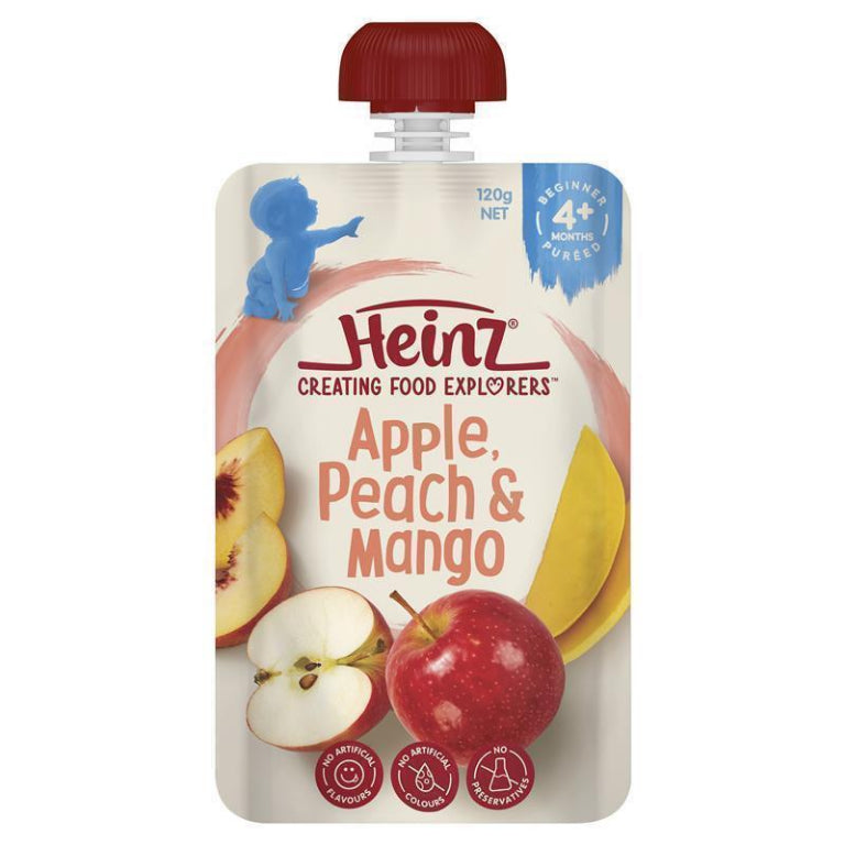Heinz Apple Peach & Mango Pouch 120g 4m+ front image on Livehealthy HK imported from Australia