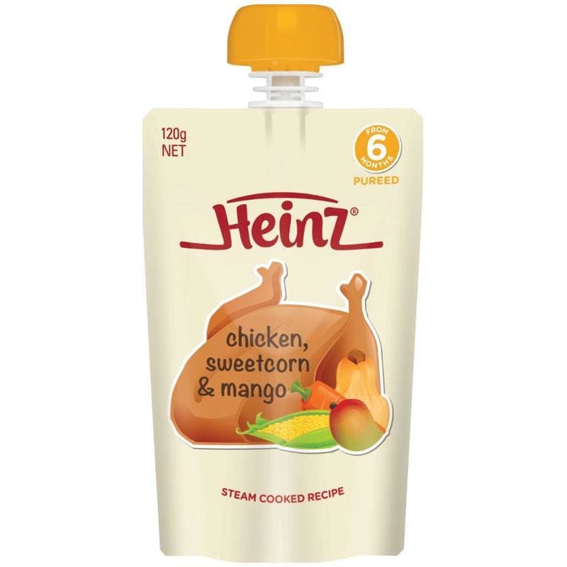 Heinz Chicken Sweetcorn & Mango Pouch 120g 6m+ front image on Livehealthy HK imported from Australia