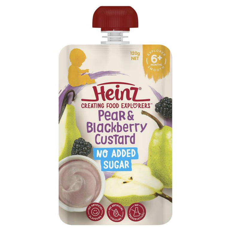 Heinz No Added Sugar Pear & Blackberry Custard 120g front image on Livehealthy HK imported from Australia