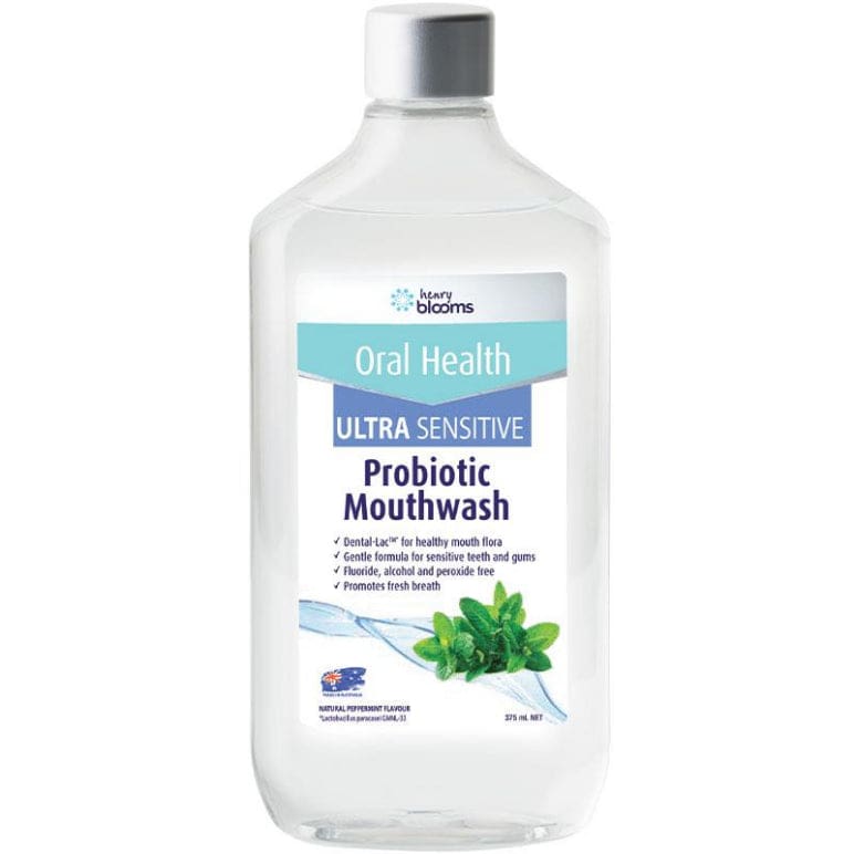 Henry Blooms Probiotic Mouthwash Peppermint Ultra Sensitive 375ml front image on Livehealthy HK imported from Australia