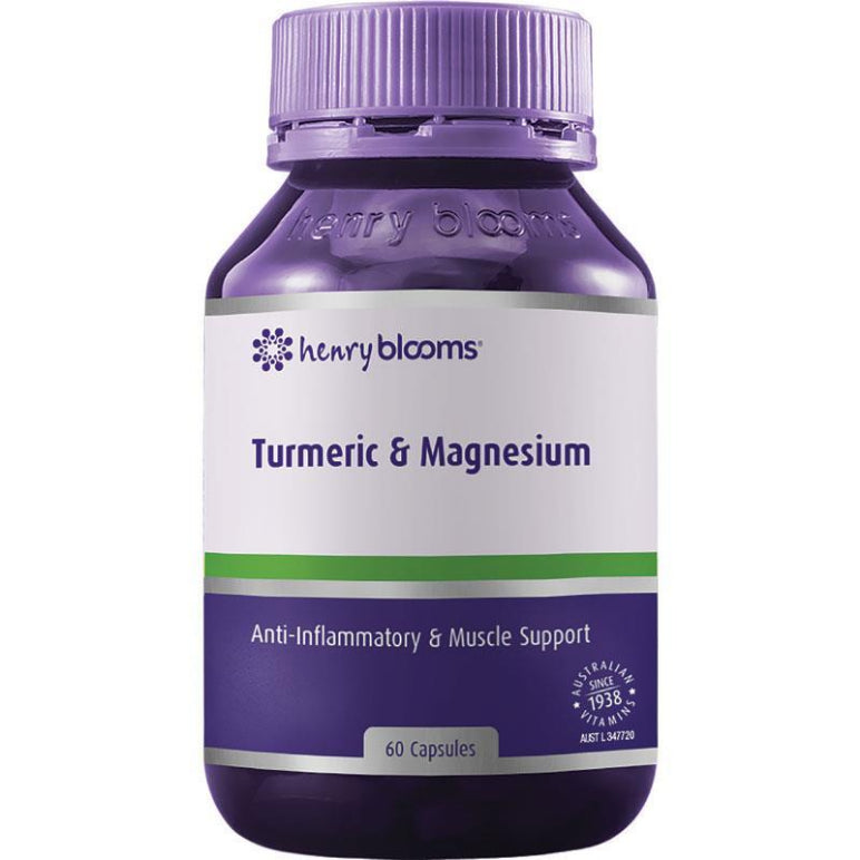 Henry Blooms Turmeric and Magnesium 60 Capsules front image on Livehealthy HK imported from Australia