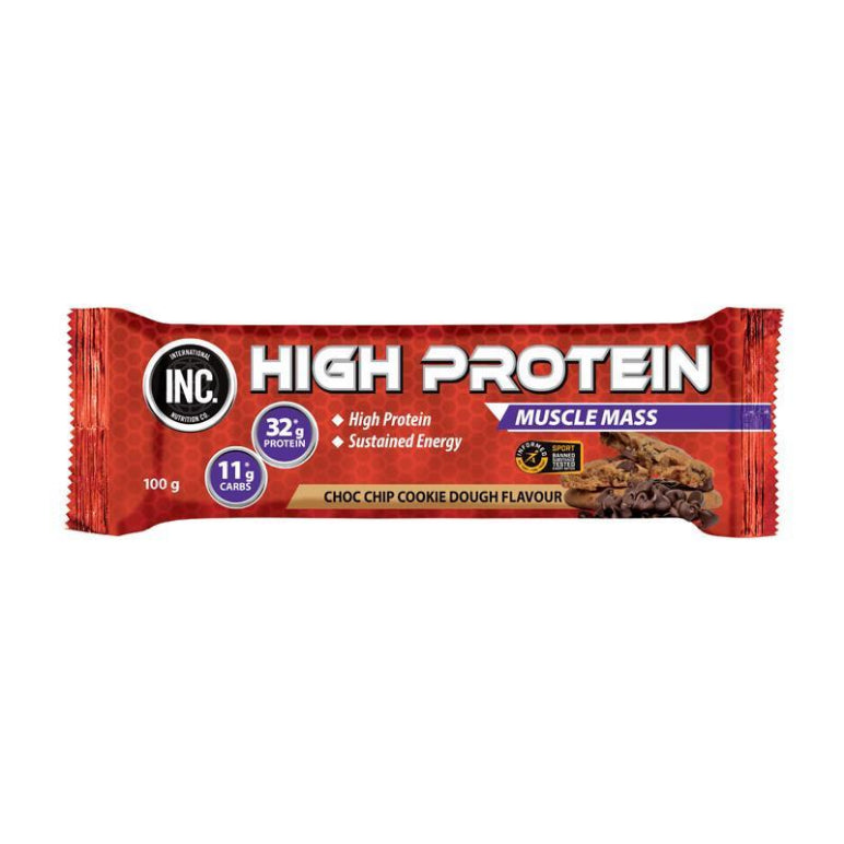INC High Protein Bar Choc Chip Cookie Dough 100g front image on Livehealthy HK imported from Australia