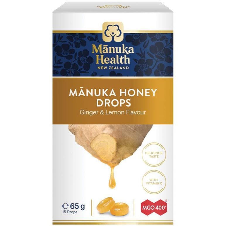 Manuka Health Manuka Honey Drops Lemon & Ginger 15 Pack 65g front image on Livehealthy HK imported from Australia