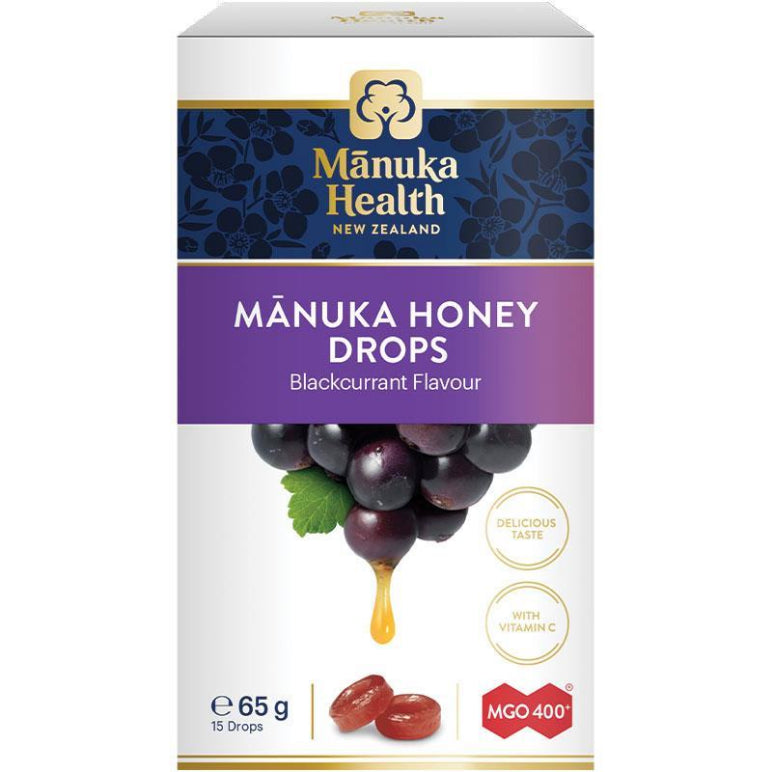 Manuka Health Manuka Honey Drops Blackcurrant 15 Pack 65g front image on Livehealthy HK imported from Australia