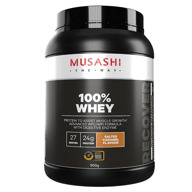 Musashi 100% Whey Salted Caramel 900g front image on Livehealthy HK imported from Australia