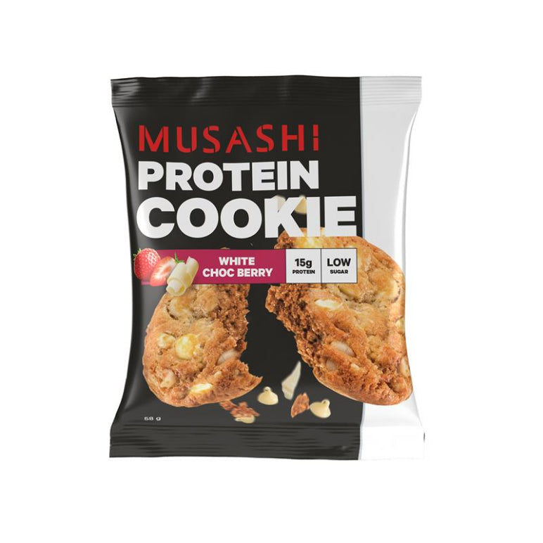 Musashi Protein Cookie White Choc Berry 58g front image on Livehealthy HK imported from Australia