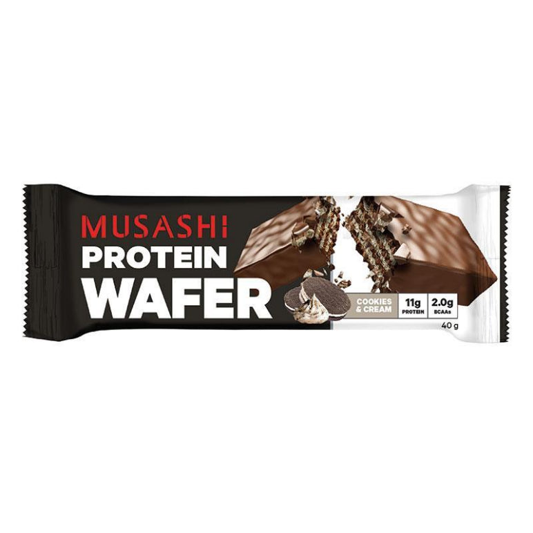 Musashi Protein Wafer Bar Cookies & Cream 40g front image on Livehealthy HK imported from Australia