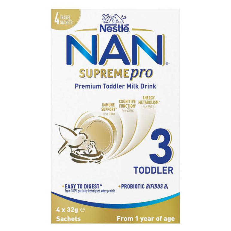 NAN SUPREMEpro 3 Premium Toddler 1+ Years Milk Drink Powder Sachets 4 x 32g front image on Livehealthy HK imported from Australia