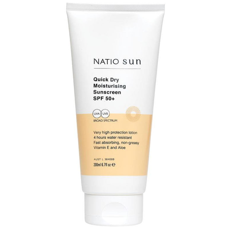 Natio Quick Dry Moisturising Sunscreen SPF 50+ 200ml front image on Livehealthy HK imported from Australia