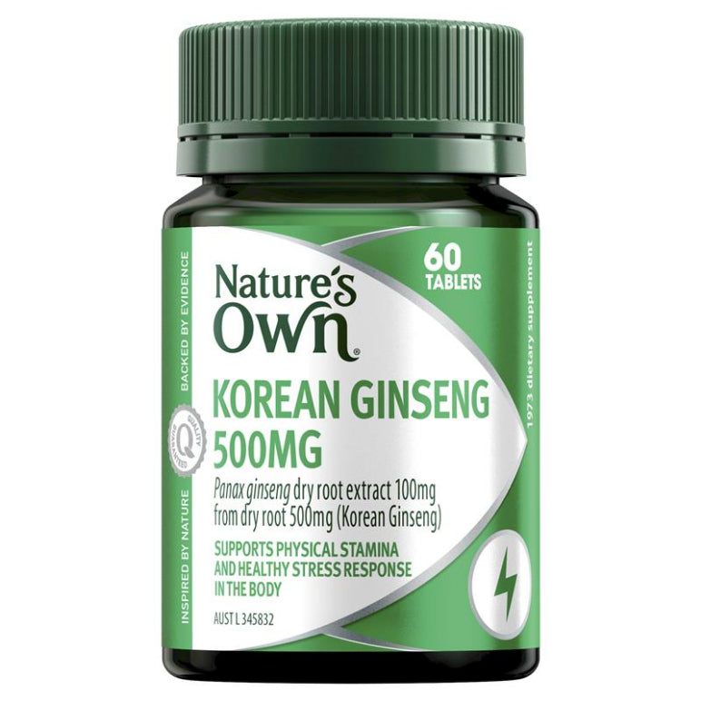 Nature's Own Korean Ginseng 500mg for Stamina + Stress 60 Tablets front image on Livehealthy HK imported from Australia