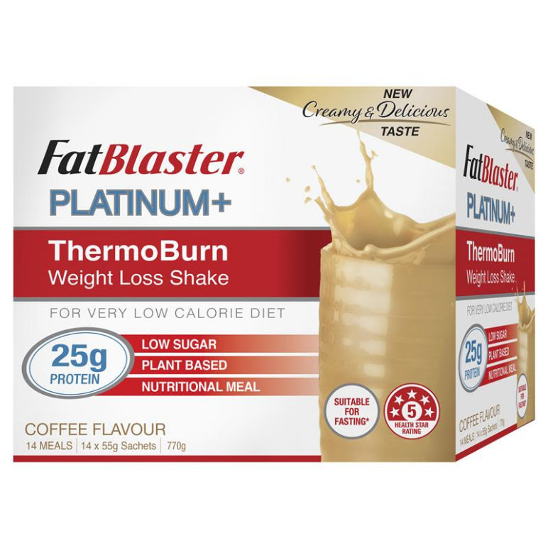 Naturopathica Fatblaster Platinum + Thermoburn Weight Loss Shake Coffee 14 x 55g Sachet front image on Livehealthy HK imported from Australia