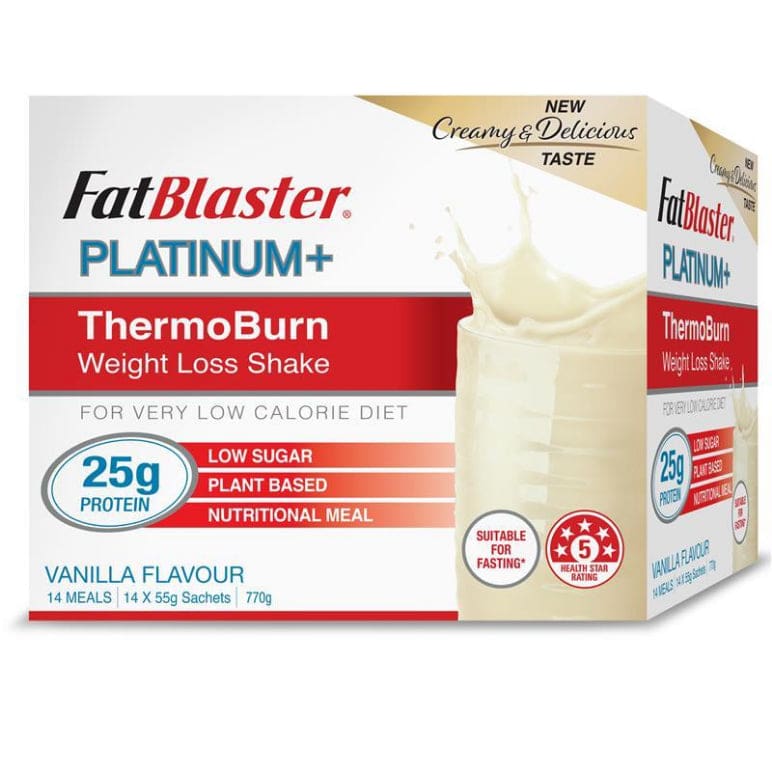 Naturopathica Fatblaster Platinum + Thermoburn Weight Loss Shake Vanilla 14 x 55g Sachet front image on Livehealthy HK imported from Australia