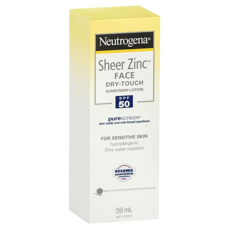 Neutrogena Sheer Zinc Face Dry-Touch Sunscreen Lotion SPF50 59mL front image on Livehealthy HK imported from Australia