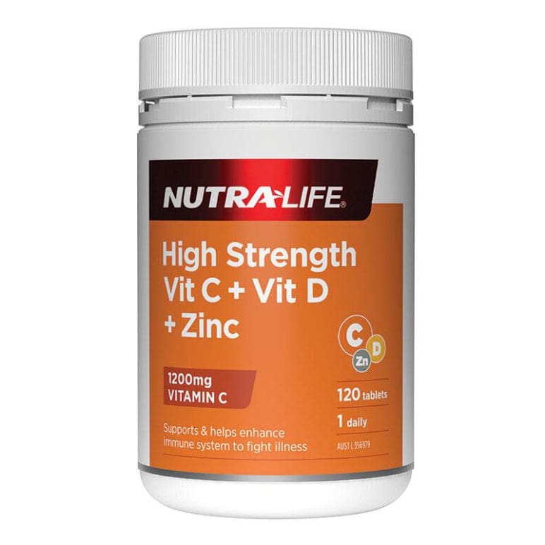 Nutra-Life High Strength Vitamin C + Vitamin D + Zinc 120 Tablets front image on Livehealthy HK imported from Australia