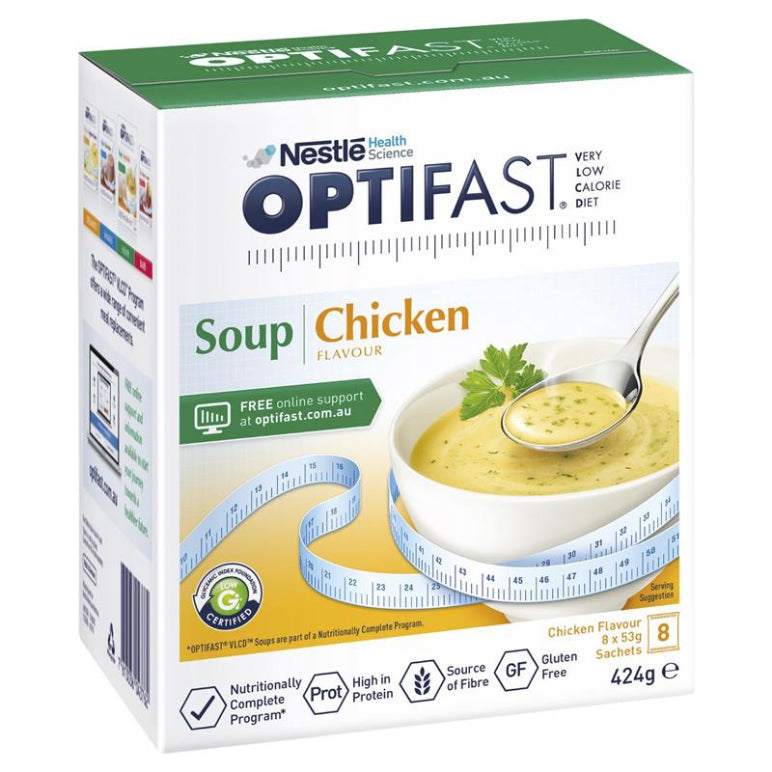 Optifast VLCD Chicken soup 8 x 53g front image on Livehealthy HK imported from Australia