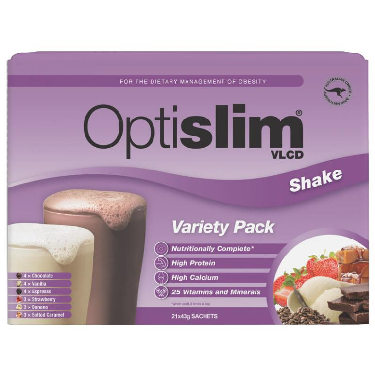 Optislim VLCD Meal Replacement Shake Variety Pack 21x43g Sachets front image on Livehealthy HK imported from Australia