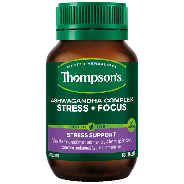 Thompsons Ashwagandha Complex Stress + Focus 60 Tablets front image on Livehealthy HK imported from Australia