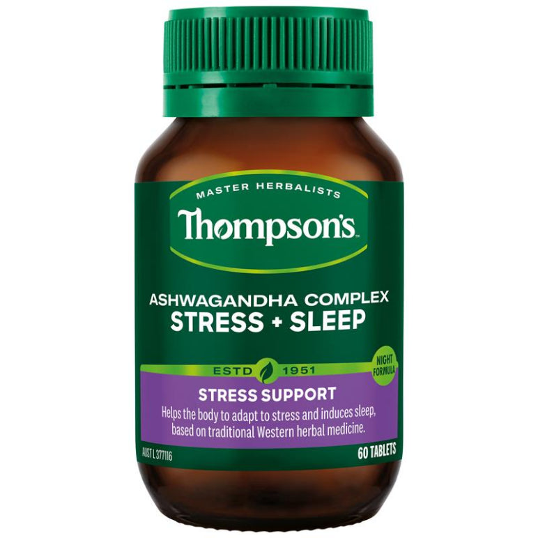 Thompsons Ashwagandha Complex Stress + Sleep 60 Tablets front image on Livehealthy HK imported from Australia