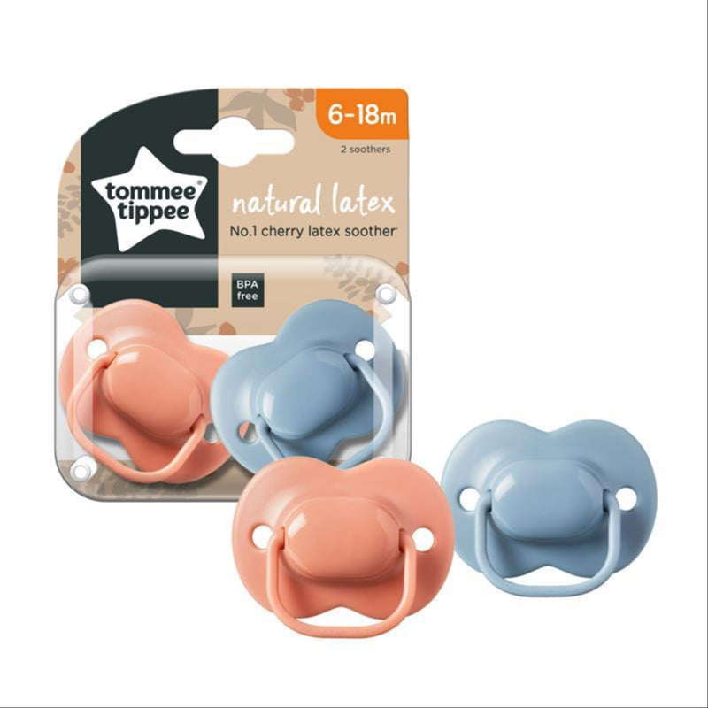 Tommee Tippee Natural Latex Cherry Soothers, Symmetrical Design, BPA-Free, 6-18m, Pink and Blue, Pack of 2 Dummies front image on Livehealthy HK imported from Australia