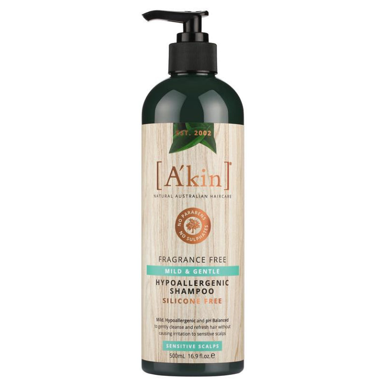 A'kin Mild & Gentle Fragrance Free Shampoo 500ml front image on Livehealthy HK imported from Australia