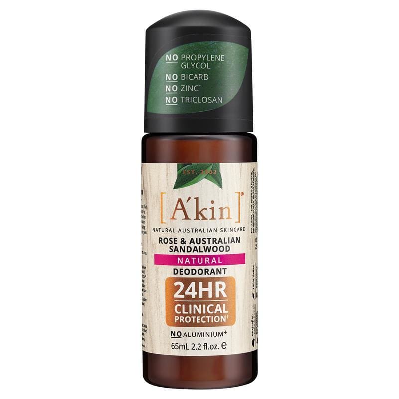 A'kin Deodorant Rose & Australian Sandalwood Roll On 65ml front image on Livehealthy HK imported from Australia