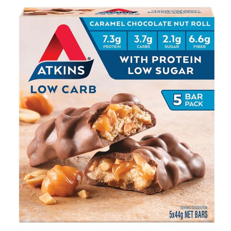 Atkins Caramel Choc Nut Roll Bar 5 Pack front image on Livehealthy HK imported from Australia