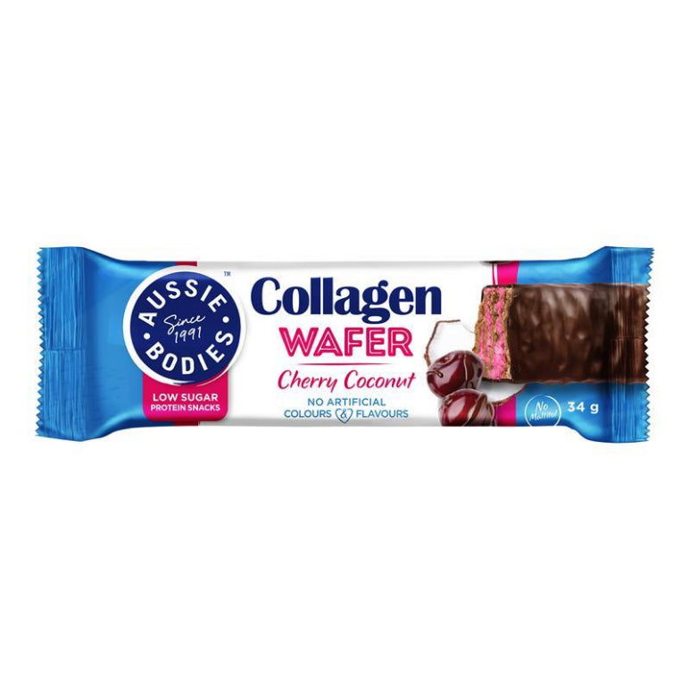 Aussie Bodies Collagen Wafer Protein Bar Cherry Coconut 34g front image on Livehealthy HK imported from Australia