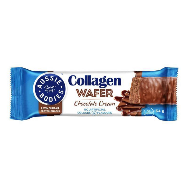 Aussie Bodies Collagen Wafer Protein Bar Chocolate 34g front image on Livehealthy HK imported from Australia