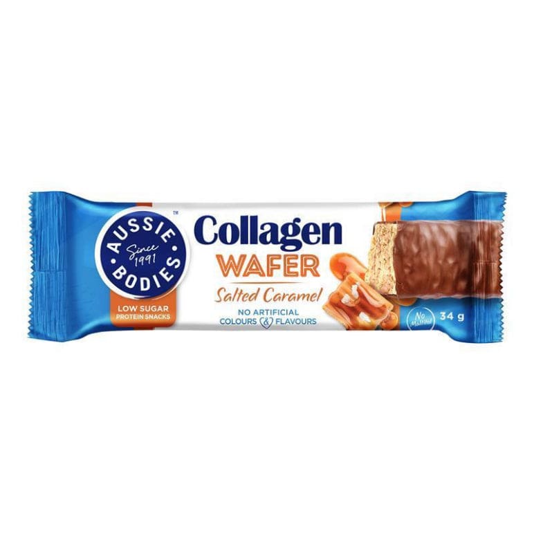 Aussie Bodies Collagen Wafer Protein Bar Salted Caramel 34g front image on Livehealthy HK imported from Australia