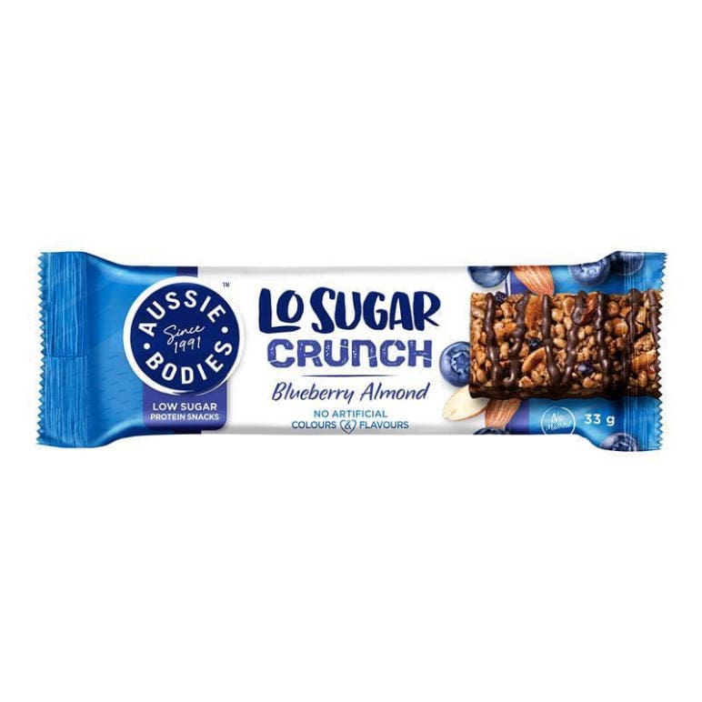 Aussie Bodies Lo Sugar Crunch Protein Bar Blueberry 33g front image on Livehealthy HK imported from Australia