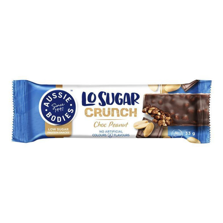 Aussie Bodies Lo Sugar Crunch Protein Bar Choc Peanut 33g front image on Livehealthy HK imported from Australia