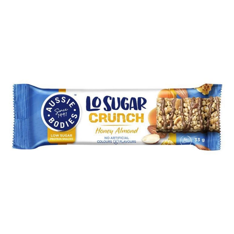 Aussie Bodies Lo Sugar Crunch Protein Bar Honey Almond 33g front image on Livehealthy HK imported from Australia