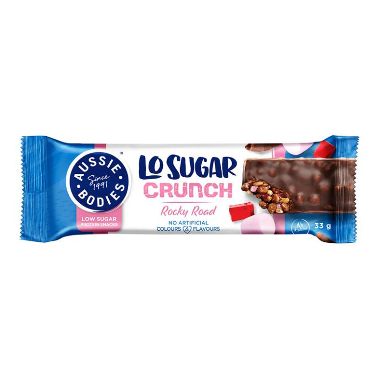 Aussie Bodies Lo Sugar Crunch Protein Bar Rocky Road 33g front image on Livehealthy HK imported from Australia
