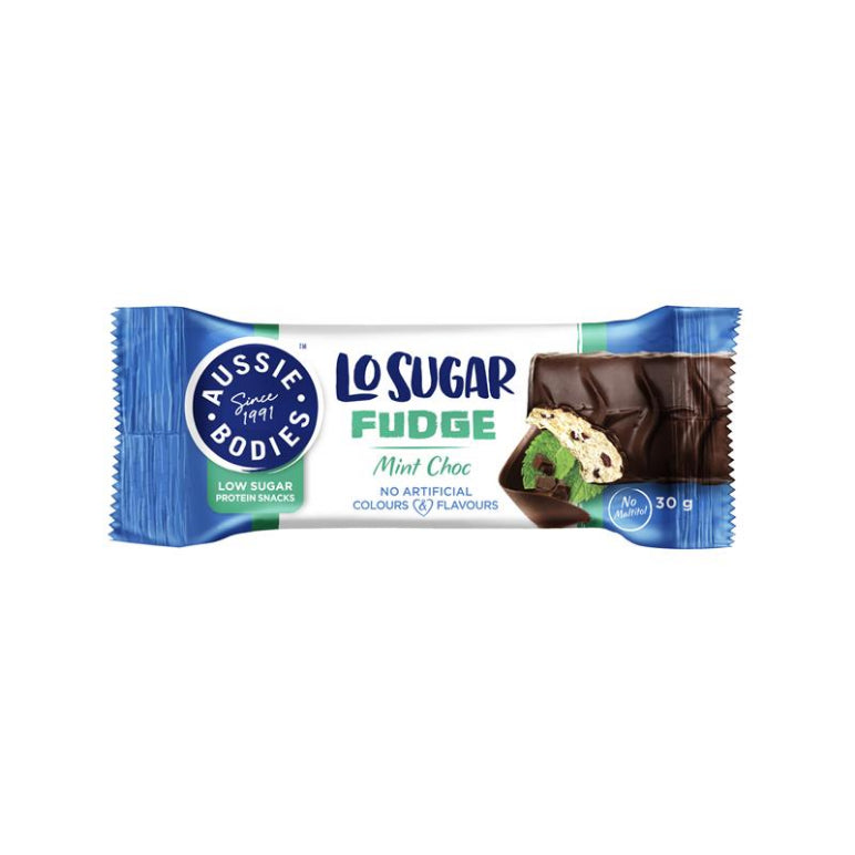 Aussie Bodies Lo Sugar Fudge Protein Bar Choc Mint 30g front image on Livehealthy HK imported from Australia