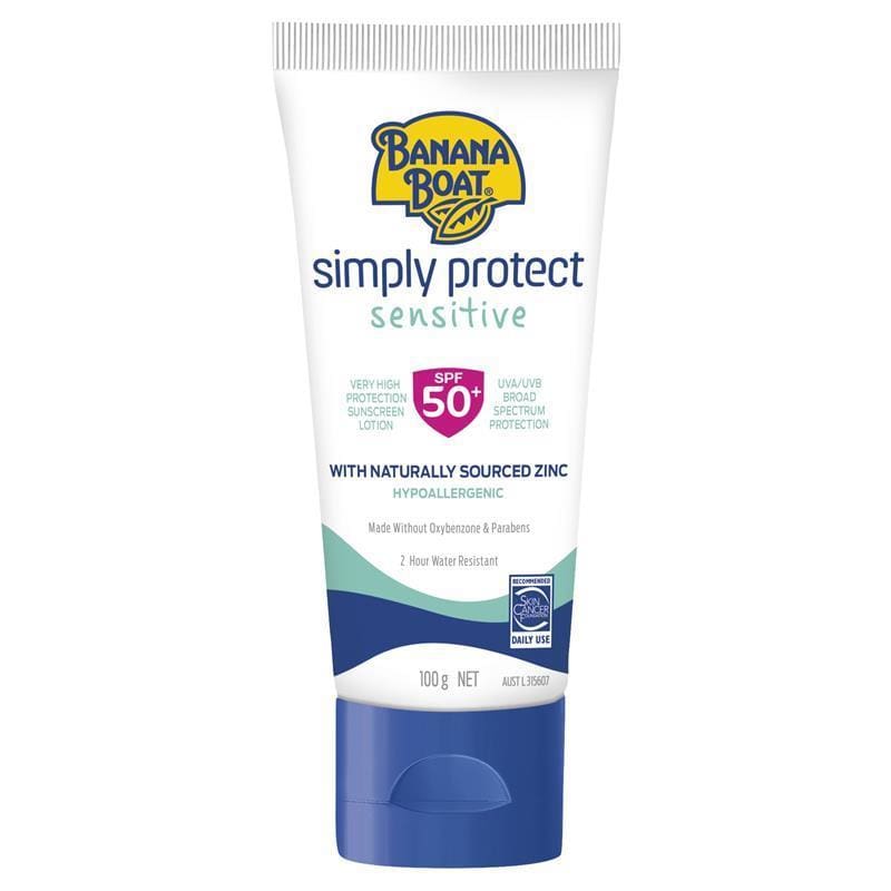 Banana Boat SPF 50+ Simply Protect Sensitive Zinc Body 100g front image on Livehealthy HK imported from Australia