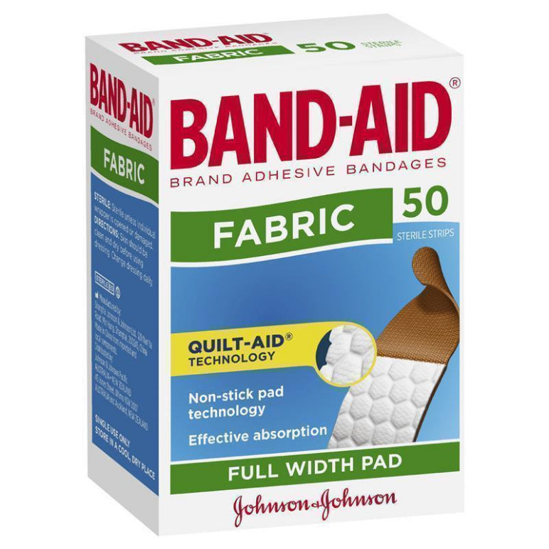 Band-Aid Adhesive Fabric Strips 50 Pack front image on Livehealthy HK imported from Australia