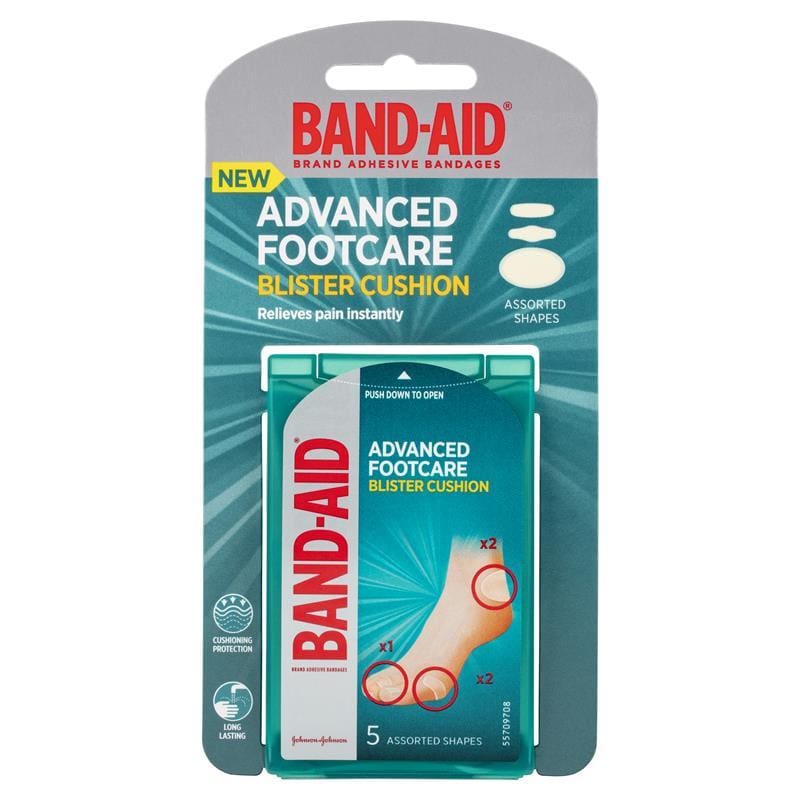 Band-Aid Advanced Footcare Blister Cushions Assorted Shapes 5 Pack front image on Livehealthy HK imported from Australia