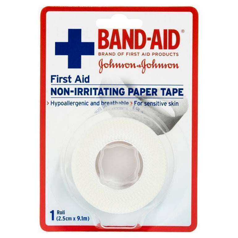 Band-Aid First Aid Non-Irritating Paper Tape 2.5cm x 9.1m 1 Pack front image on Livehealthy HK imported from Australia