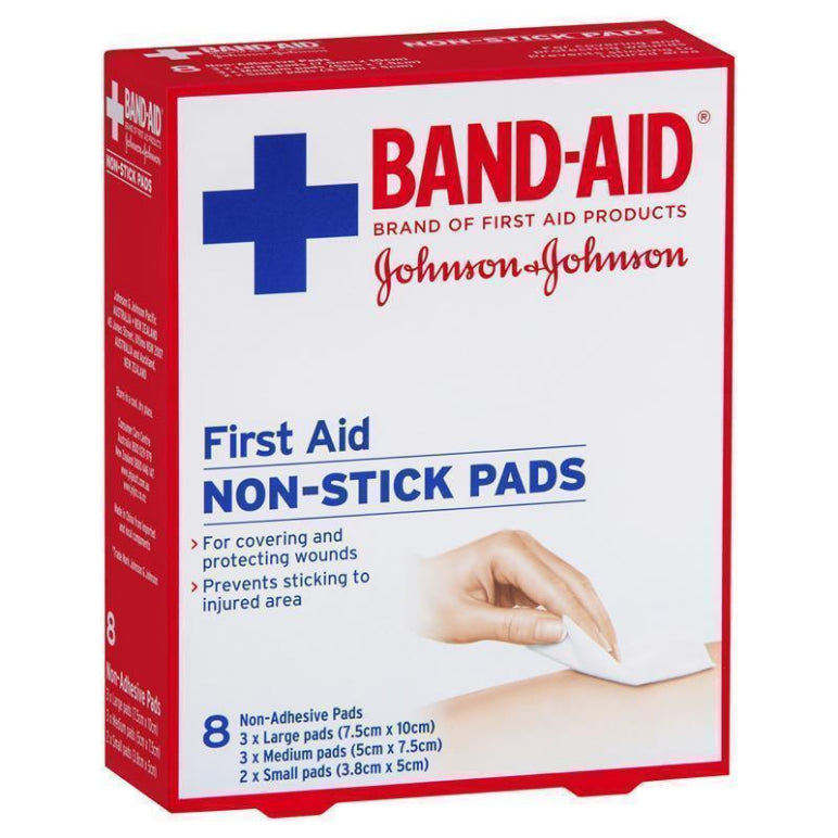 Band-Aid First Aid Non-Stick Pads 8 Pack front image on Livehealthy HK imported from Australia